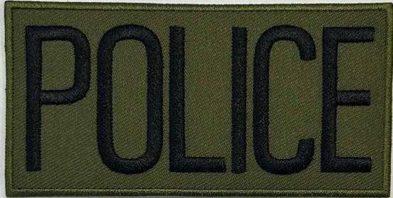 POLICE ID PATCH - 4"W X 2"T - BLACK ON OD GREEN WITH OD GREEN BORDER - SEW ON.